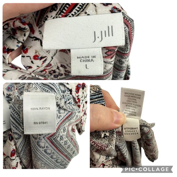 J. Jill Diamond Print Blouse Size LARGE 3/4 Sleeve Boat Neck Abalone Button Back - Picture 15 of 15